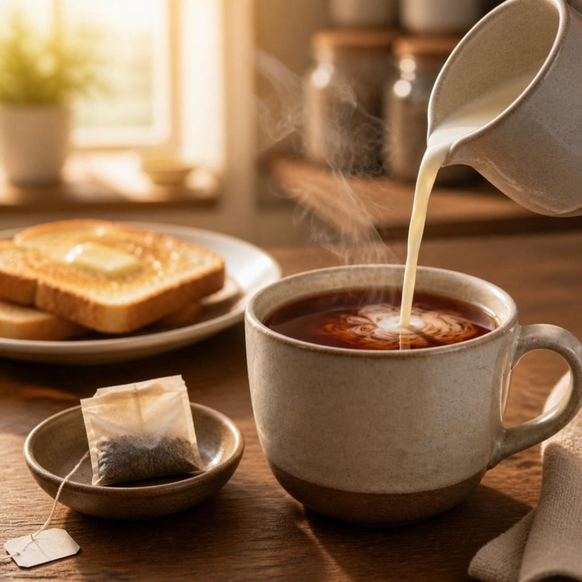 Milk poured into a cup of Irish Breakfast black tea