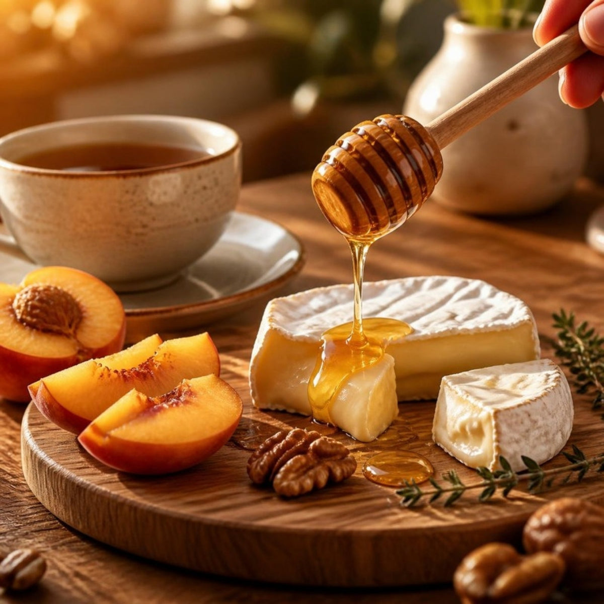 Honey drizzled over cheese with sliced peaches and tea