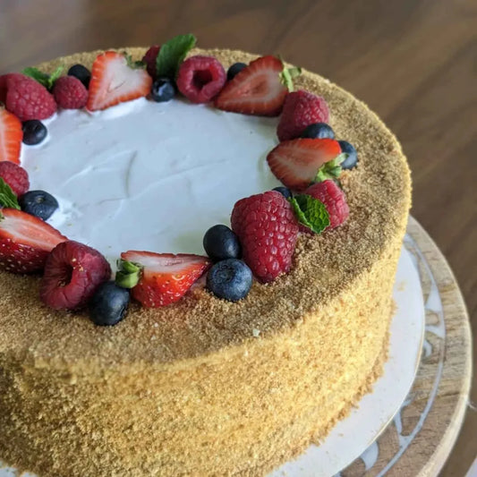 Medovik honey layer cake with crumb coating