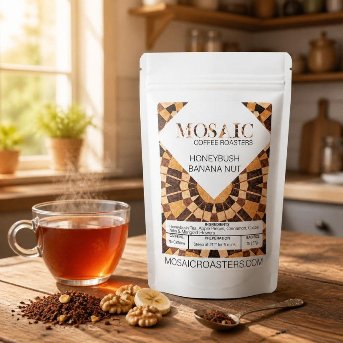 Honeybush Banana Nut tea pouch with a cup of honeybush tea