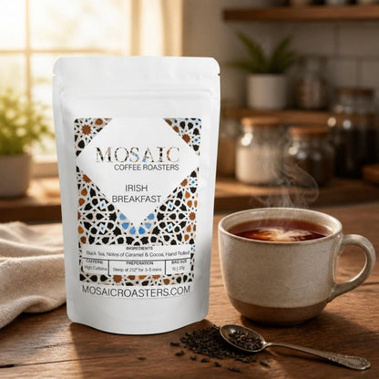 Irish Breakfast tea pouch with a cup of black tea