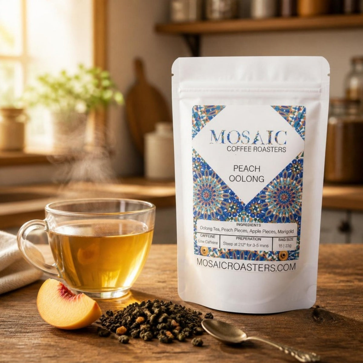 Peach Oolong tea pouch with a glass cup of oolong tea