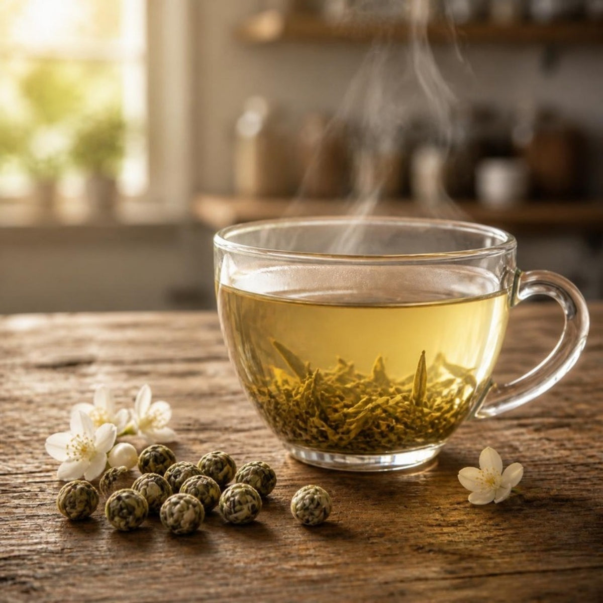 Cup of jasmine green tea with hand-rolled jasmine tea pearls
