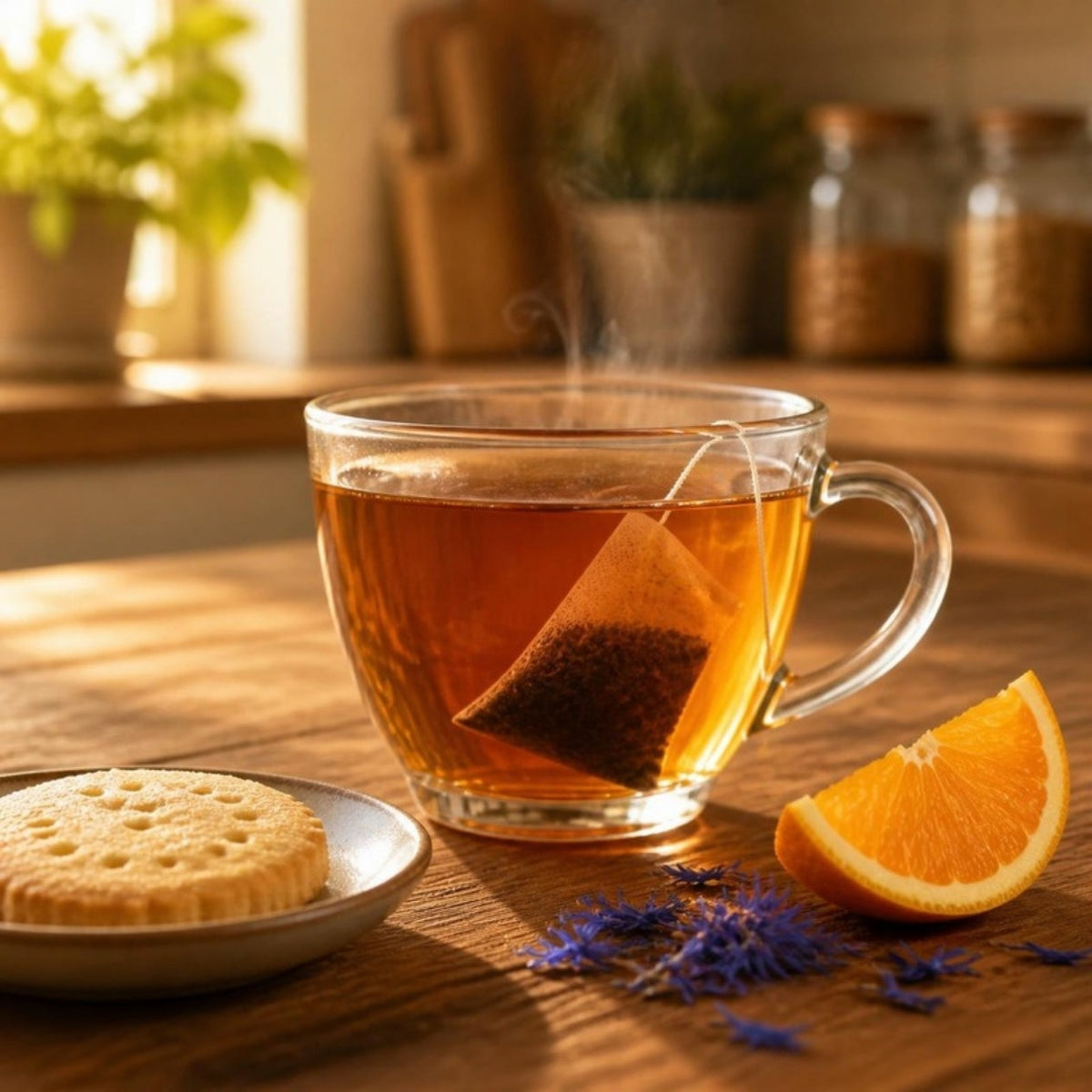 Earl Grey tea steeping in a glass cup with orange slice