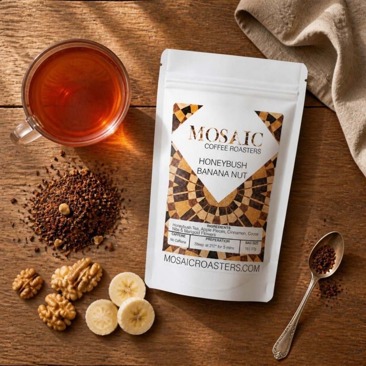 Honeybush Banana Nut tea pouch flat lay with walnuts and banana