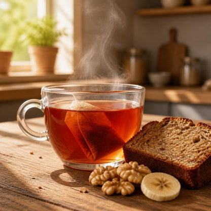 Honeybush tea steeping in a glass mug with banana bread