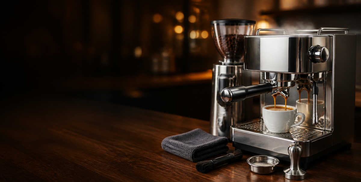 Polished espresso machine pulling a shot next to cleaning and tuning tools